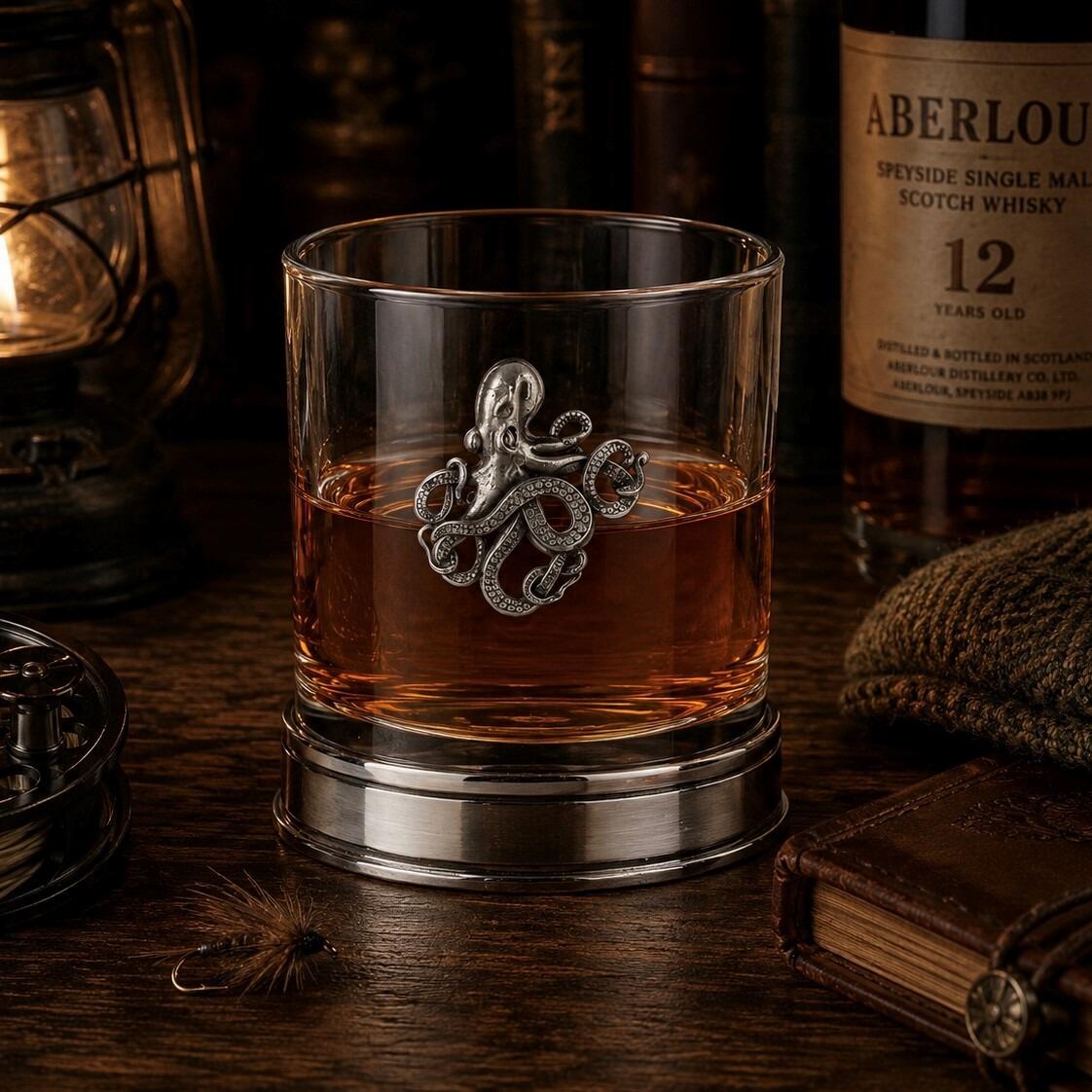 Whisky tumbler with pewter octopus motif and polished base, partially filled with amber liquid
