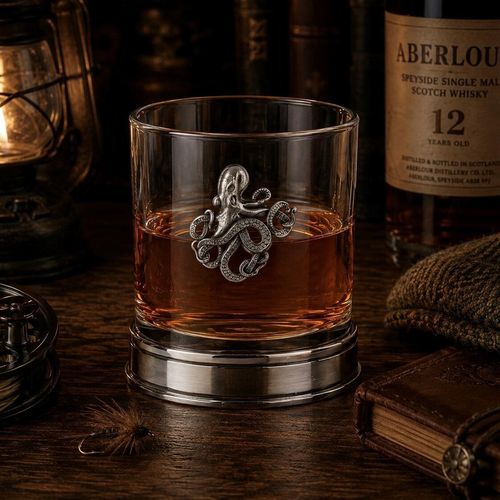 Whisky tumbler with pewter octopus motif and polished base, partially filled with amber liquid