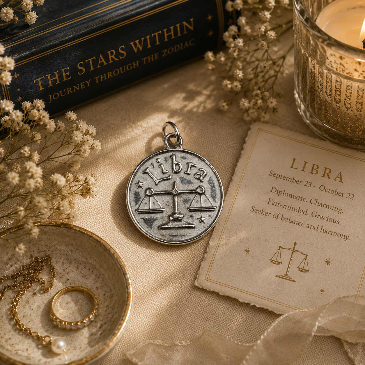 A Pewter charm with the words Libra on the front on a Table