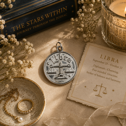 A Pewter charm with the words Libra on the front on a Table