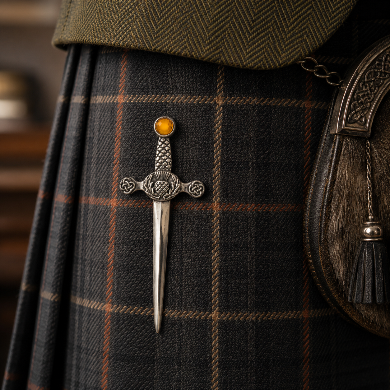 A Pewter Kilt pin with a Thistle Design in the centre attached to a Kilt. A yellow stone at the top of the kilt pin