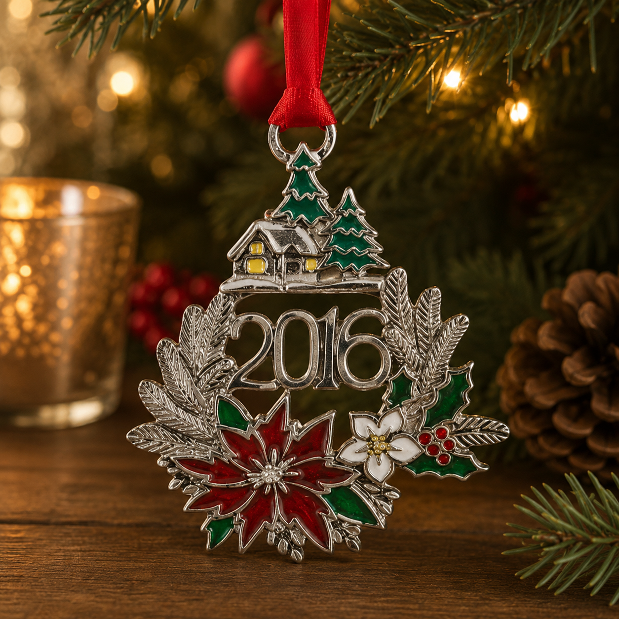 Pewter 2016 Christmas ornament featuring poinsettia flower, holly leaves and winter cottage design, handcrafted festive holiday tree decoration