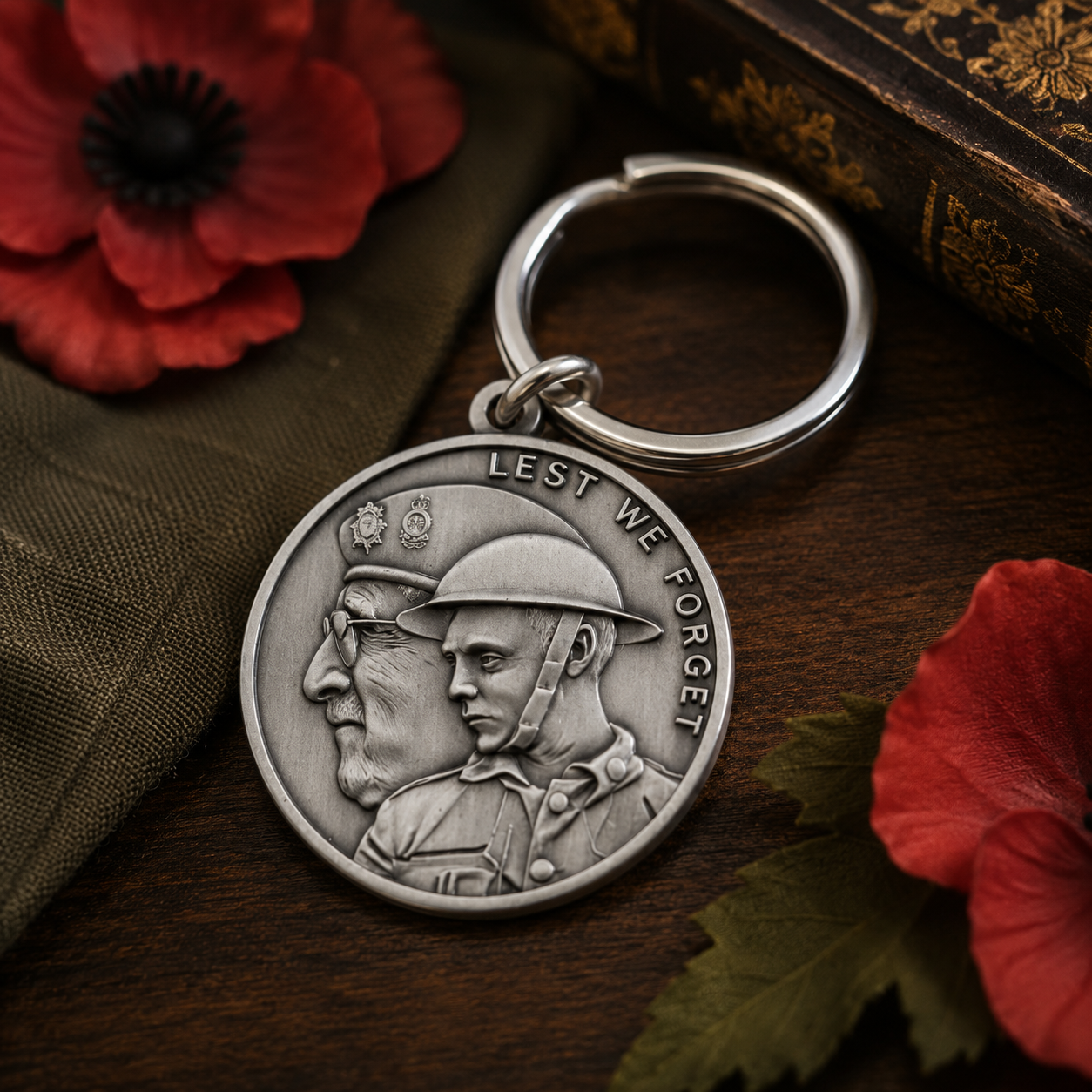 Handcrafted pewter Lest We Forget remembrance keyring with WWI soldier and veteran design, displayed with remembrance poppies, commemorative military gift, memorial keepsake for veterans and Remembrance Day tribute