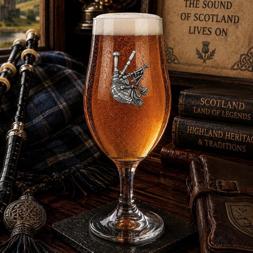A stemmed beer chalice glass filled with golden ale and a frothy white head, featuring a detailed pewter bagpipes emblem affixed to the front