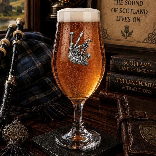 A stemmed beer chalice glass filled with golden ale and a frothy white head, featuring a detailed pewter bagpipes emblem affixed to the front