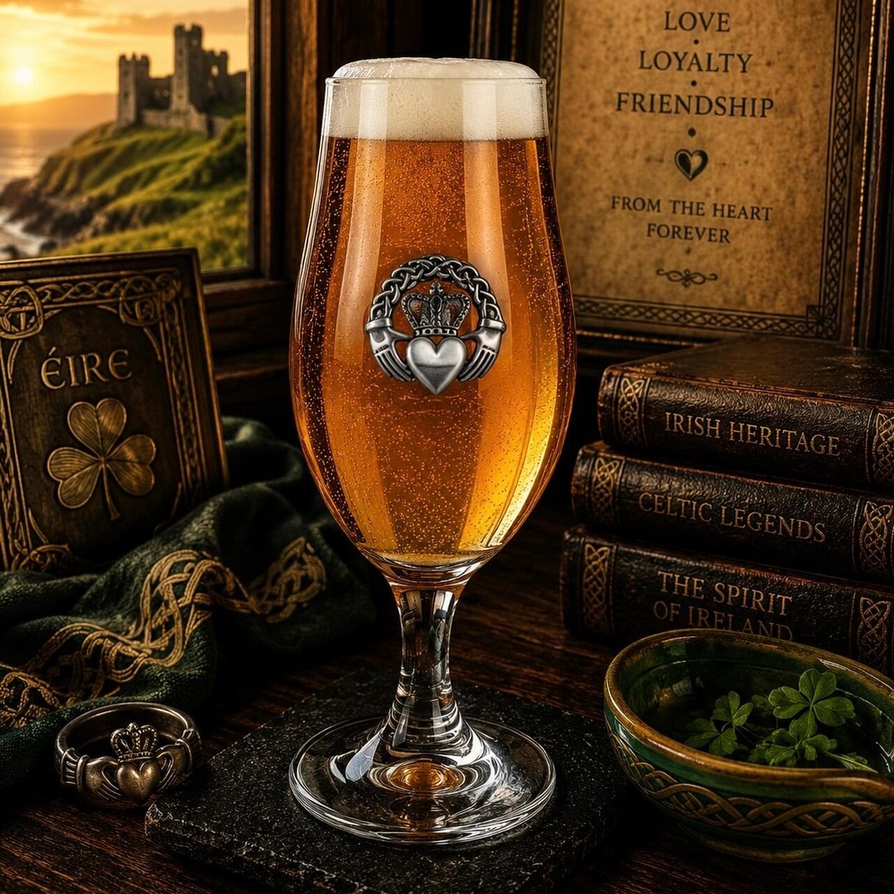 A stemmed beer chalice glass filled with golden ale and a frothy white head, featuring a detailed pewter Claddagh emblem with hands holding a crowned heart inside a Celtic knot ring