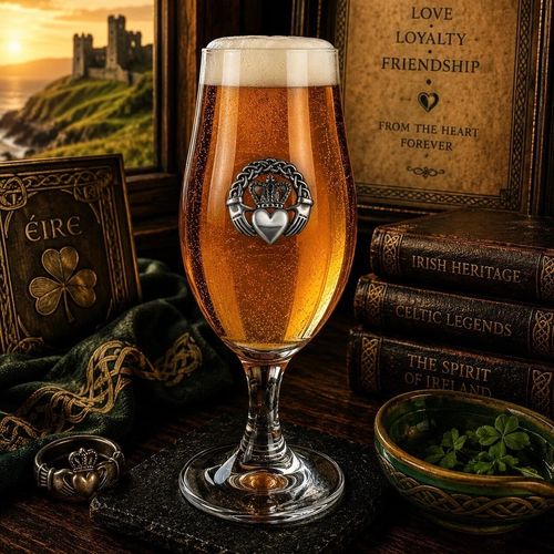 A stemmed beer chalice glass filled with golden ale and a frothy white head, featuring a detailed pewter Claddagh emblem with hands holding a crowned heart inside a Celtic knot ring