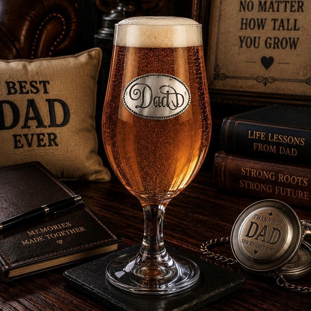 A stemmed beer chalice glass filled with golden ale and a frothy white head, featuring an oval pewter emblem engraved with 'Dad' in elegant script lettering