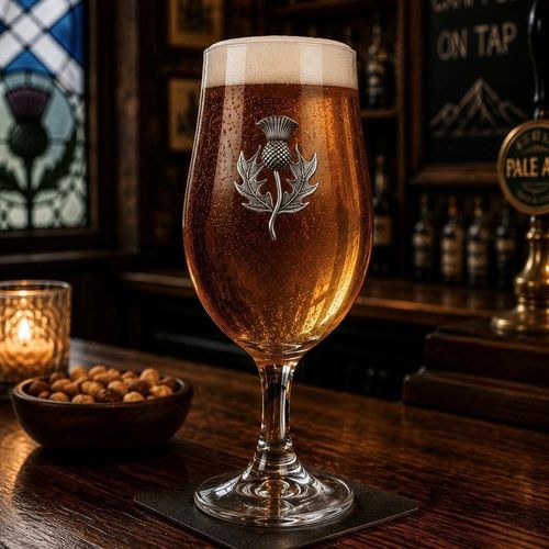 A stemmed beer chalice glass filled with golden ale and a frothy white head, featuring a raised pewter Scottish thistle emblem with detailed prickly leaves
