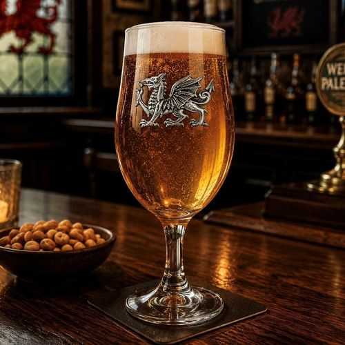 A stemmed beer chalice glass filled with golden ale and a frothy white head, featuring a raised pewter Welsh dragon emblem with detailed scales and wings