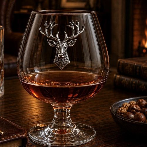 Crystal brandy glass with pewter stag badge, partially filled with amber liquid