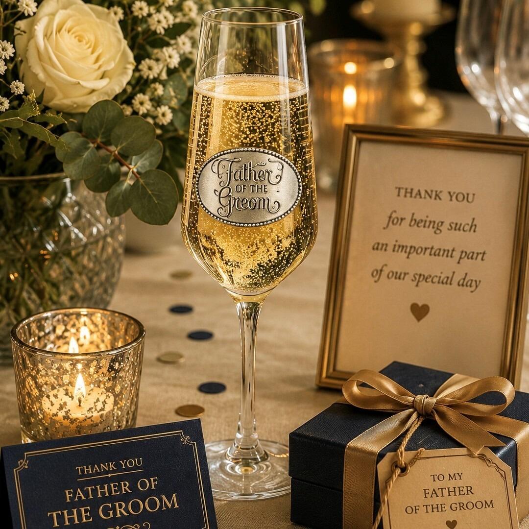 A clear champagne flute glass filled with bubbling champagne, featuring an oval pewter emblem engraved with 'Father of the Groom' in elegant script lettering