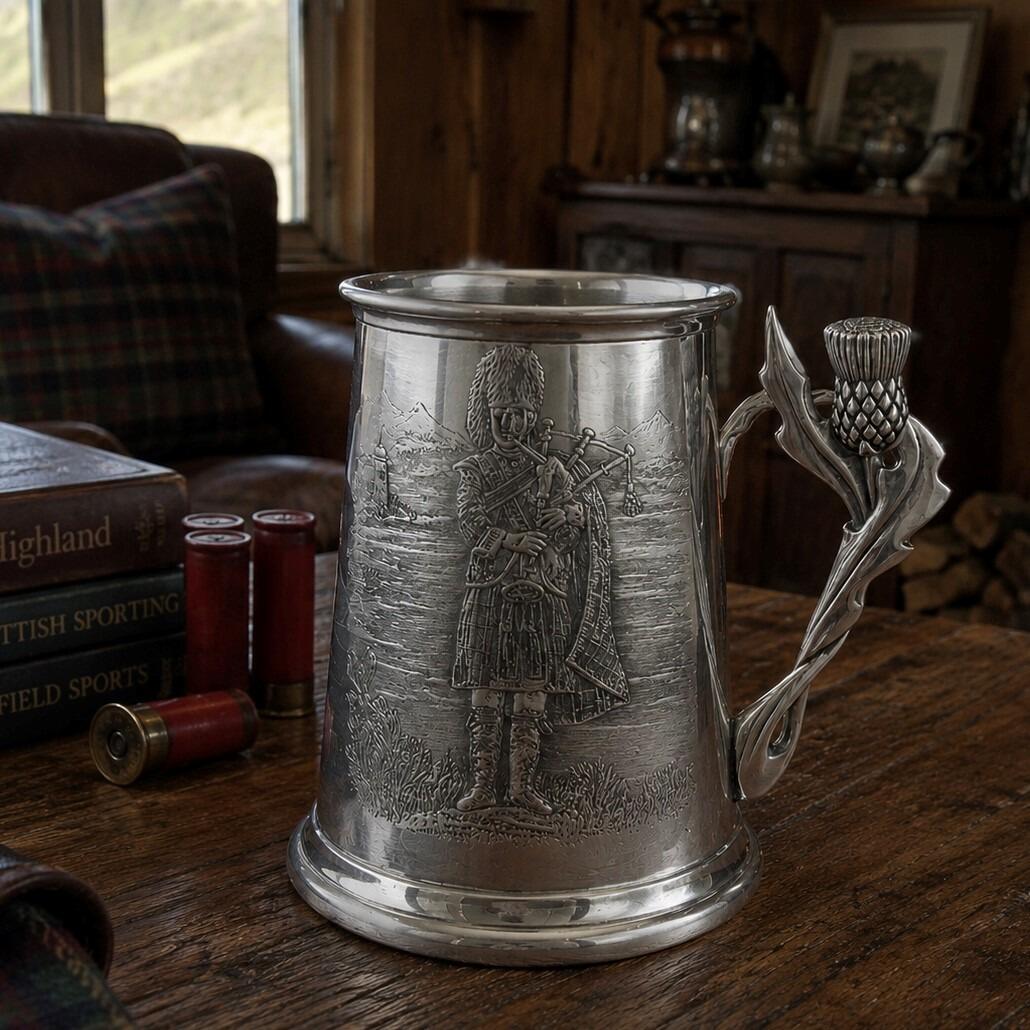 A traditional Scottish pewter tankard featuring a detailed embossed relief of a bagpiper in full Highland dress playing against a mountainous landscape. The tankard is defined by its unique, sculptural handle shaped like a stylized thistle flower with detailed prickly leaves