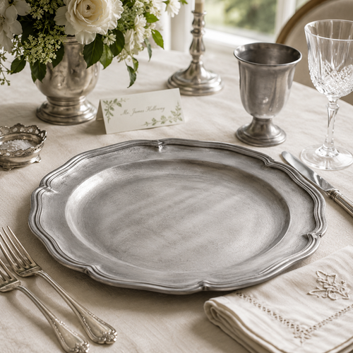 Handcrafted pewter Bavarian wavy edge plate in antique satin finish displayed as an elegant place setting with fine linen, crystal glassware, pewter goblet, silver cutlery and fresh white flowers in natural daylight