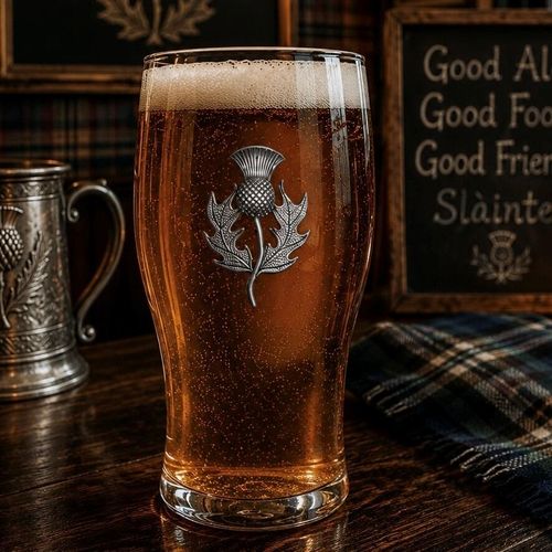 Pint glass with handmade pewter thistle badge, filled with golden beer