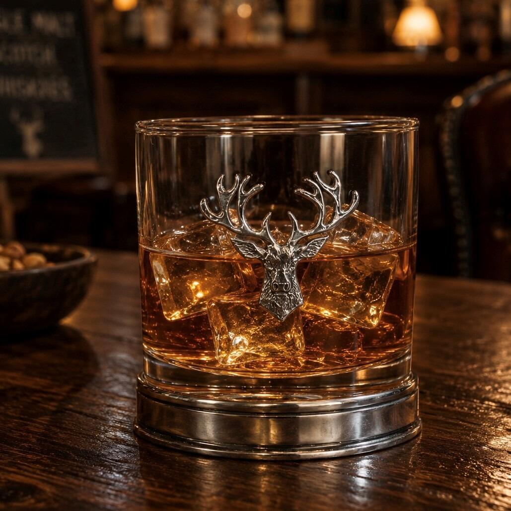 A lowball glass whisky tumbler filled with amber spirits and square ice cubes, standing on a thick, polished pewter base. The front of the glass is decorated with a detailed, metallic relief emblem of a stag's head with prominent, multi-pointed antlers
