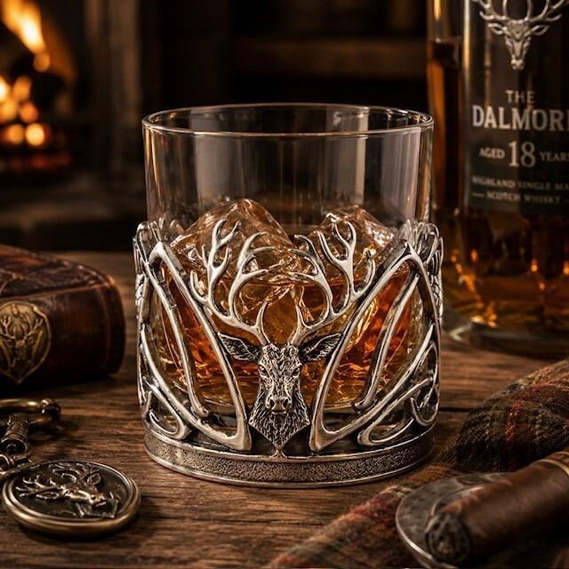A lowball glass whisky tumbler filled with amber spirits and ice cubes, nestled in an ornate pewter holder. The front of the holder features a prominent, detailed relief of a stag's head with large, sweeping antlers that integrate into a flowing, openwork branch design wrapping around the glass