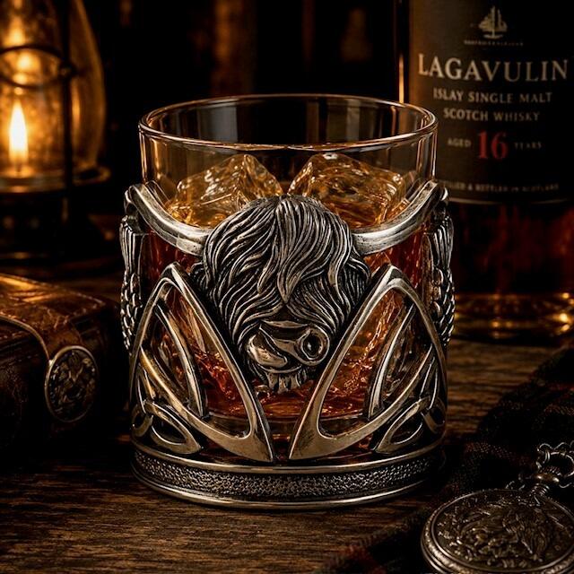 A lowball glass whisky tumbler filled with amber spirits and ice cubes, nestled in an ornate pewter holder. The front of the holder features a prominent, high-relief sculpted head of a shaggy Highland cow with long, sweeping horns that span across the top edge. The lower portion of the frame is decorated with openwork Archibald Knox or Art Nouveau-style swirling geometric lines and subtle knotwork