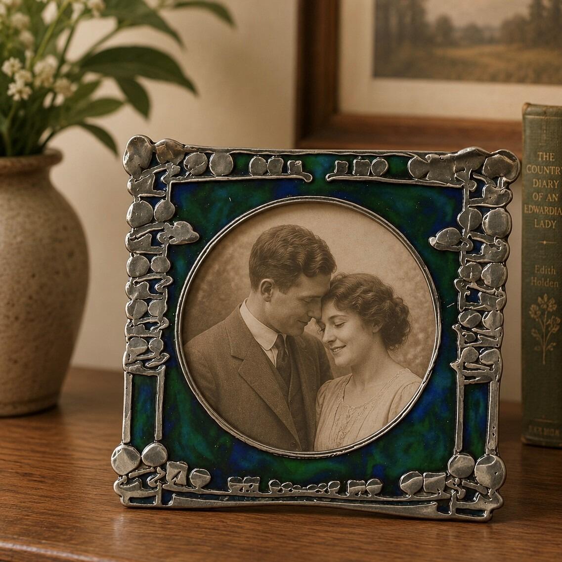An Art Nouveau square pewter picture frame featuring an intricate honest plant design, a vibrant blue-green enamel backdrop, and a circular opening displaying a vintage Edwardian couple's portrait