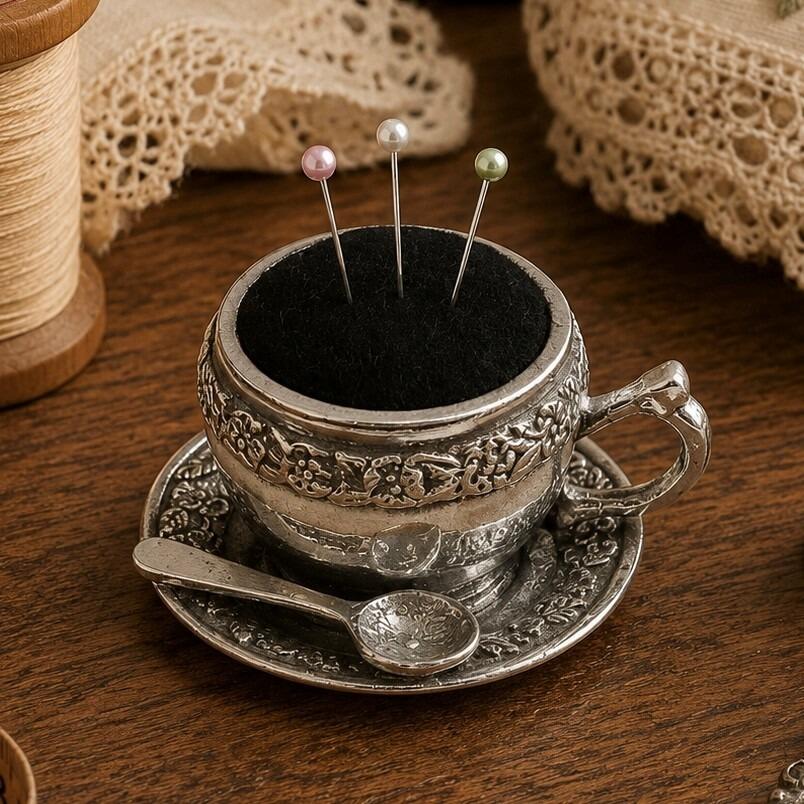 Vintage-style ornate pewter teacup pincushion on a matching saucer with three pearl-head pins stuck in the black cushion