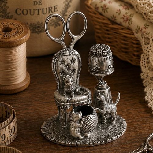 Vintage-style pewter kittens sewing station featuring multiple detailed cats, an armchair scissor holder, a yarn ball pincushion, and a built-in thimble stand