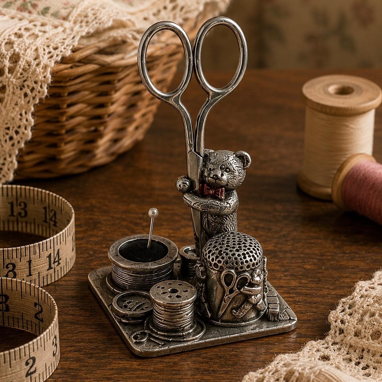 Vintage-style pewter sewing station featuring a detailed teddy bear wearing a red bow tie holding a pair of scissors, a thimble stand, a thread spool pin cushion, and miniature sewing notions on the base