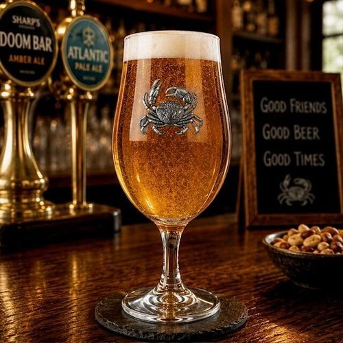 Stemmed beer glass filled with amber ale featuring a detailed pewter crab motif on the front