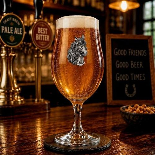 A stemmed beer glass filled with amber ale and a thick foam head, featuring a detailed pewter horse head motif on the front