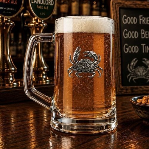 Crab badge on the front, filled with Amber Beer