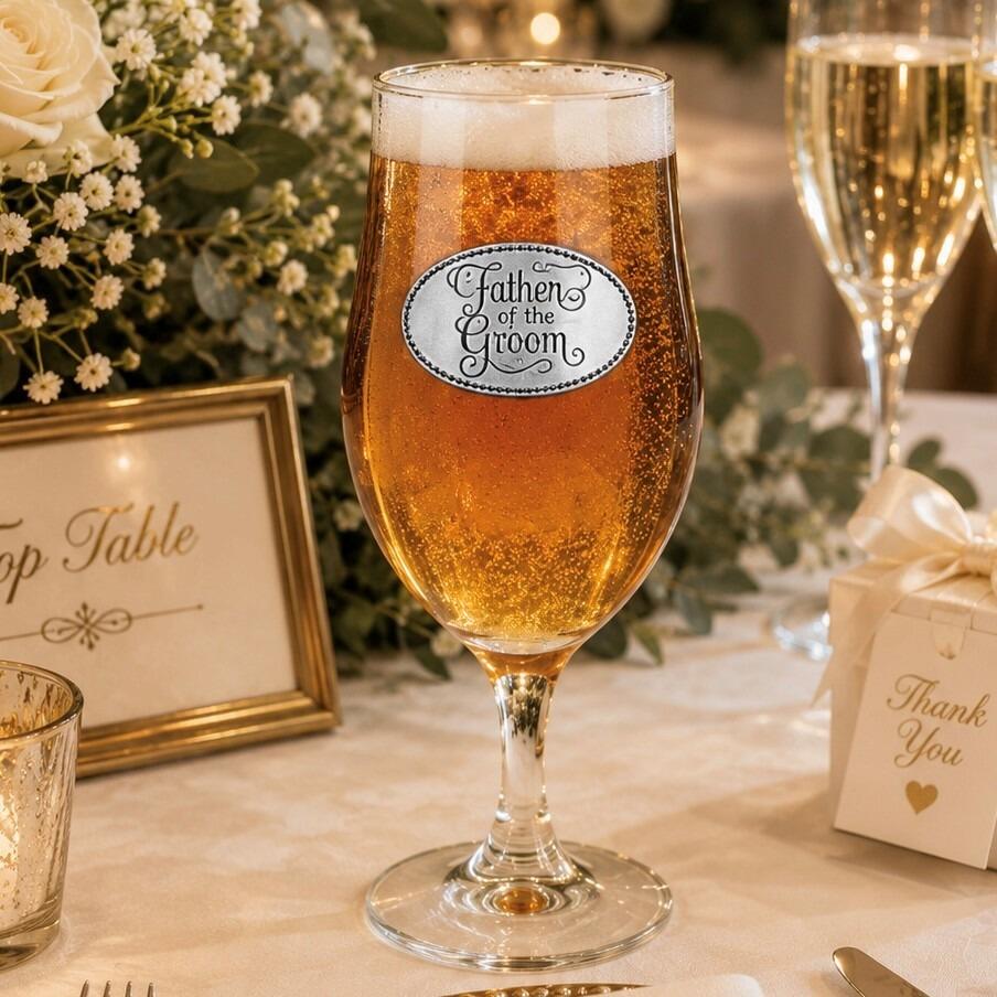 A Stemmed Pint Beer Glass with a Pewter Father of the Groom badge on the front, filled with Beer