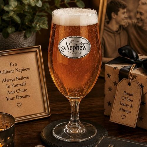 A Stemmed Pint Beer Glass with a Pewter Nephew badge on the front, filled with Beer