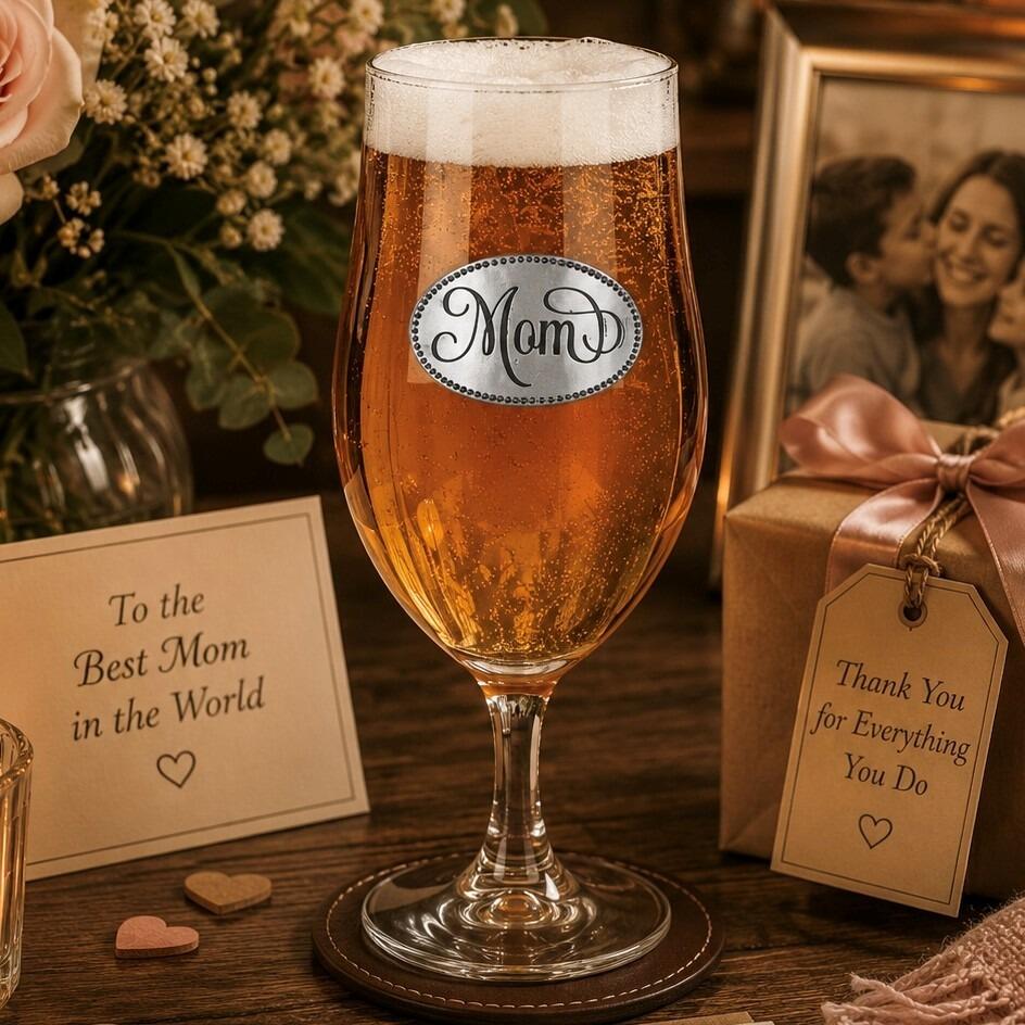 A Stemmed Pint Beer Glass with a Pewter Mom badge on the front, filled with Beer