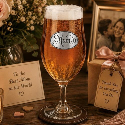 A Stemmed Pint Beer Glass with a Pewter Mom badge on the front, filled with Beer
