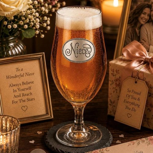 A Stemmed Pint Beer Glass with a Pewter Niece badge on the front, filled with Beer