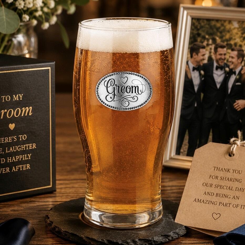 Pint glass with handmade pewter groom in formal attire badge filled with golden beer