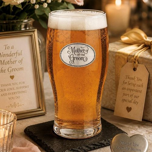 Pint glass with handmade pewter mother of the groom in elegant formal attire badge filled with golden beer