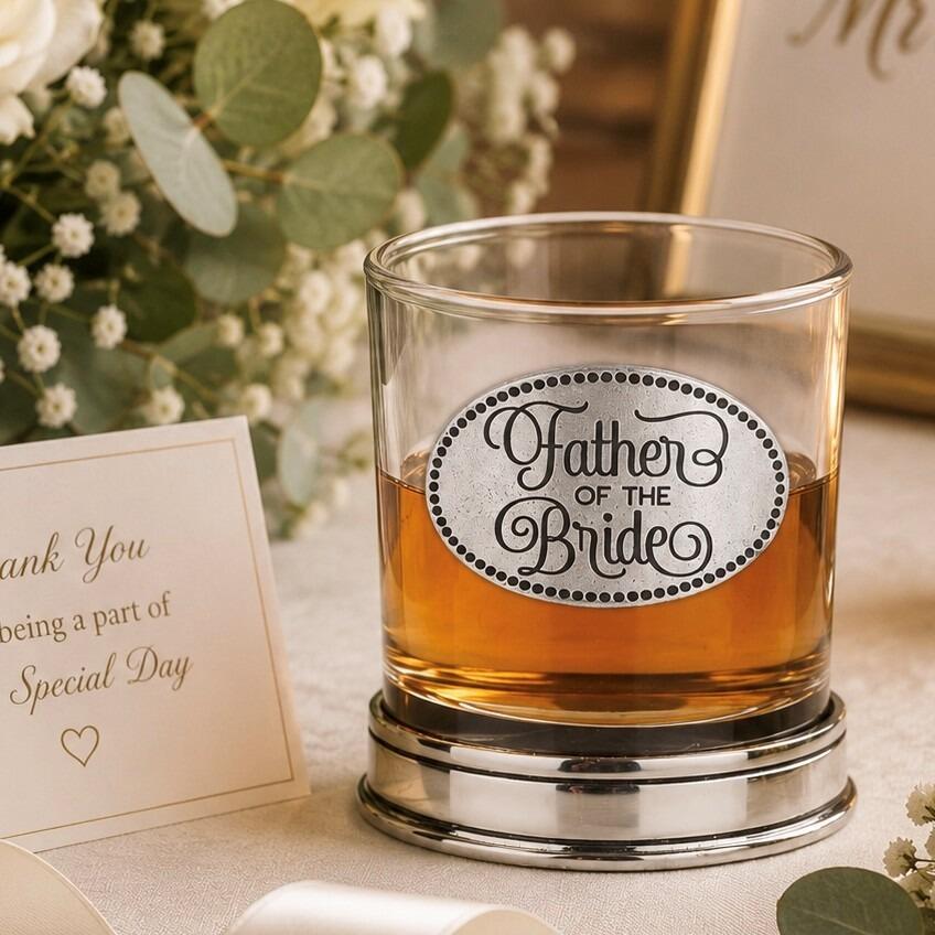 Whisky tumbler with pewter 'Father of the Bride' badge and polished base, partially filled with amber liquid