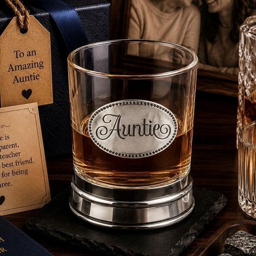 Whisky tumbler with pewter 'Auntie' badge and polished base, partially filled with amber liquid