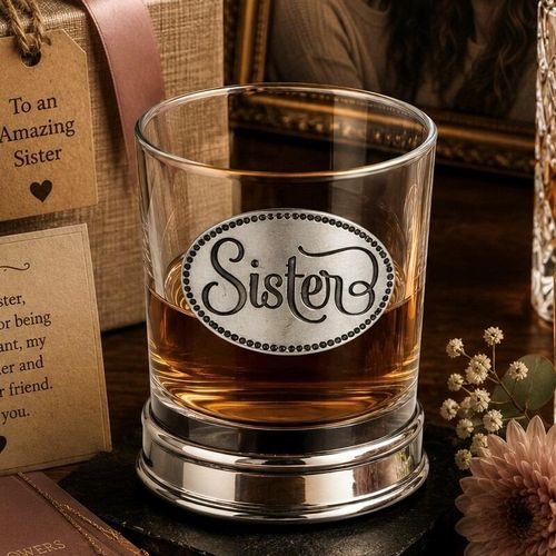 Whisky tumbler with pewter 'Sister' badge and polished base, partially filled with amber liquid