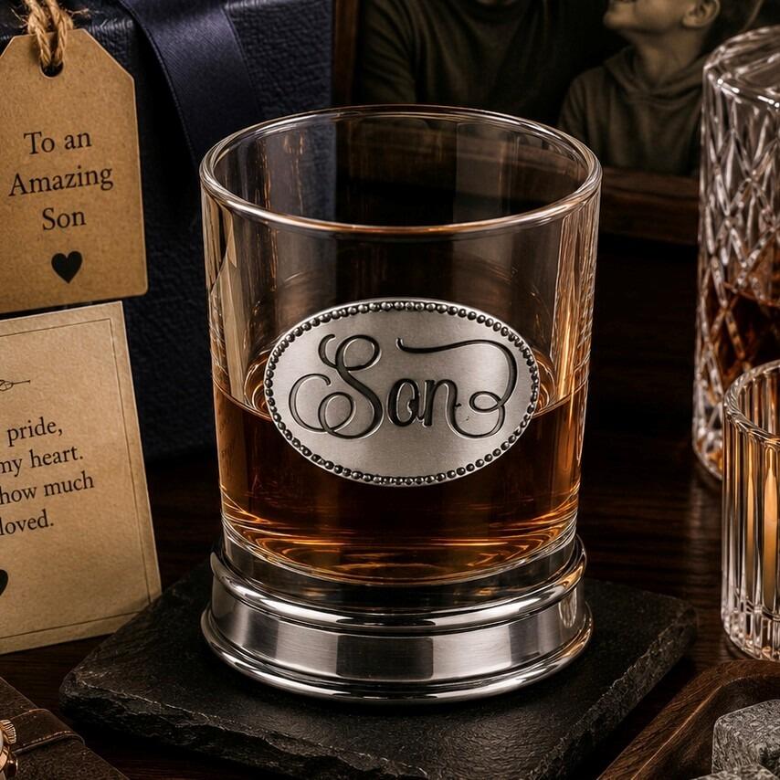 Whisky tumbler with pewter 'Son' badge and polished base, partially filled with amber liquid