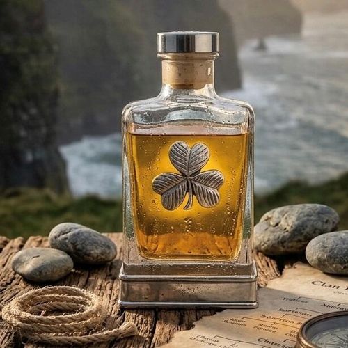 A glass flask with a pewter base and a handcrafted pewter Shamrock emblem on the front