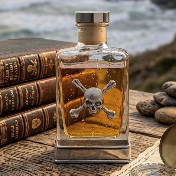 A glass flask with a pewter base and a handcrafted pewter skull emblem on the front