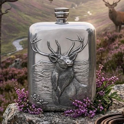 Pewter hip flask engraved with a majestic stag head design, displayed outdoors on a mossy stone surrounded by purple heather flowers