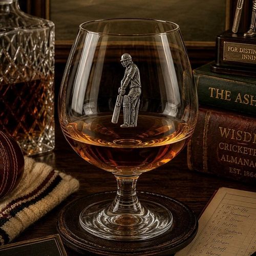 Crystal brandy glass with pewter cricket player emblem, partially filled with amber liquid