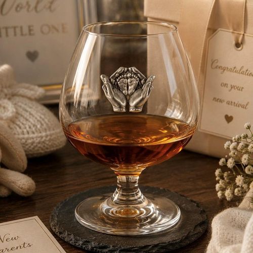Crystal brandy glass with pewter emblem of hands holding baby feet, partially filled with amber liquid