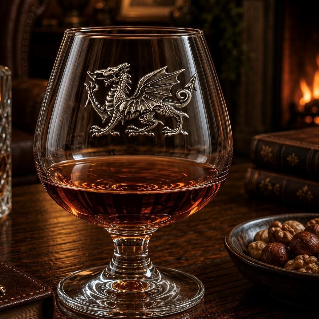 Crystal brandy glass with pewter Welsh Dragon emblem, partially filled with amber liquid