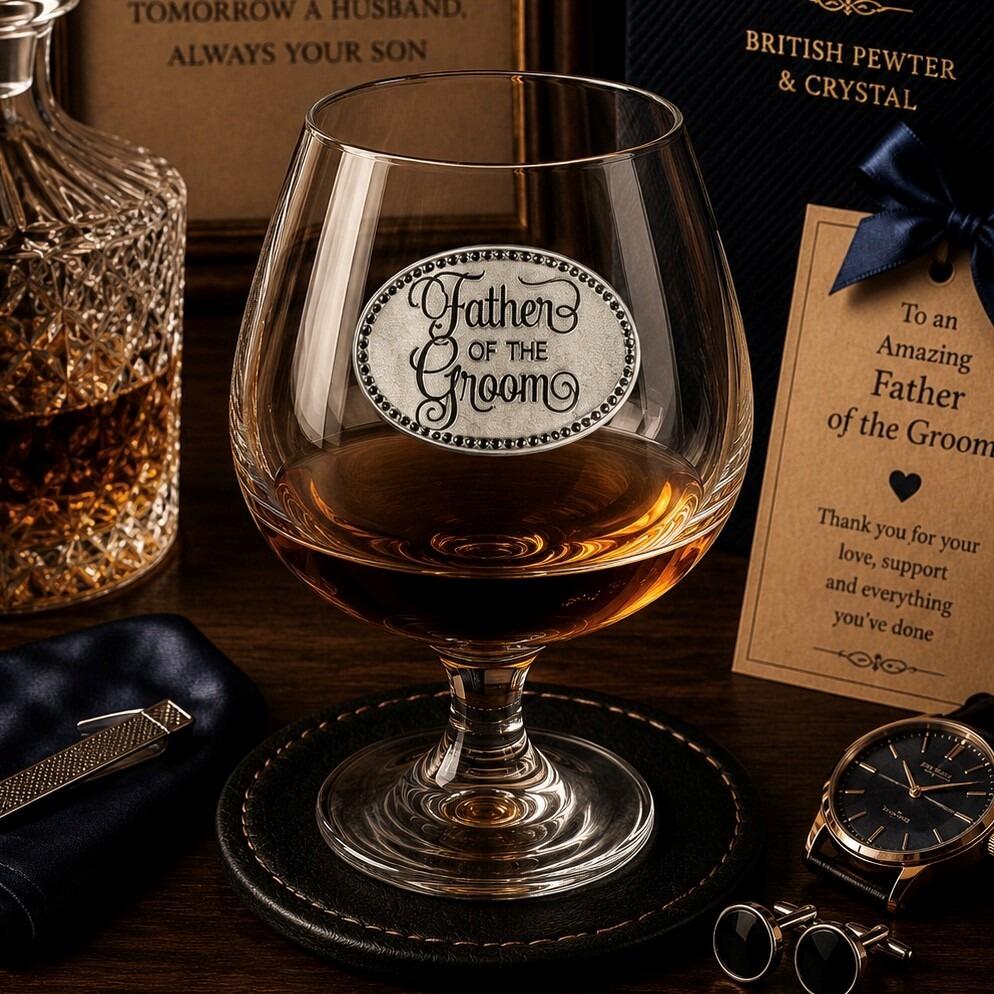 Crystal brandy glass with pewter "Father of the Groom" badge, partially filled with amber liquid