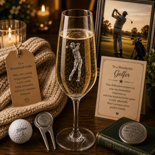 A Champagne Flute with a Pewter Golf badge on the front, filled with Champagne