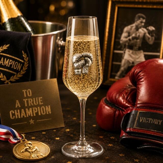 A Champagne Flute with a Pewter Boxing Gloves badge on the front, filled with Champagne