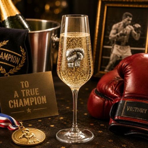 A Champagne Flute with a Pewter Boxing Gloves badge on the front, filled with Champagne